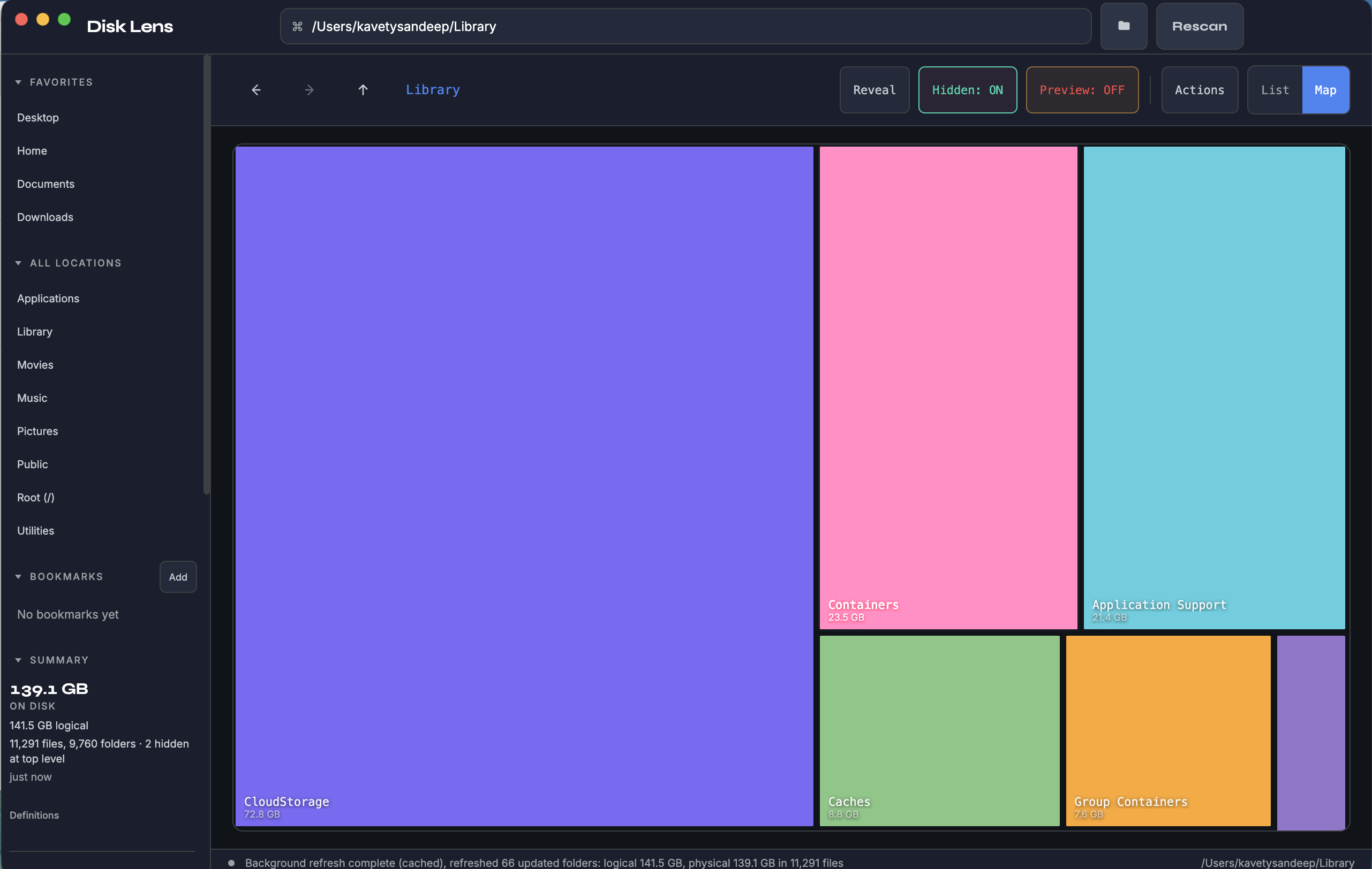 DiskLens desktop app showing disk scan and treemap view